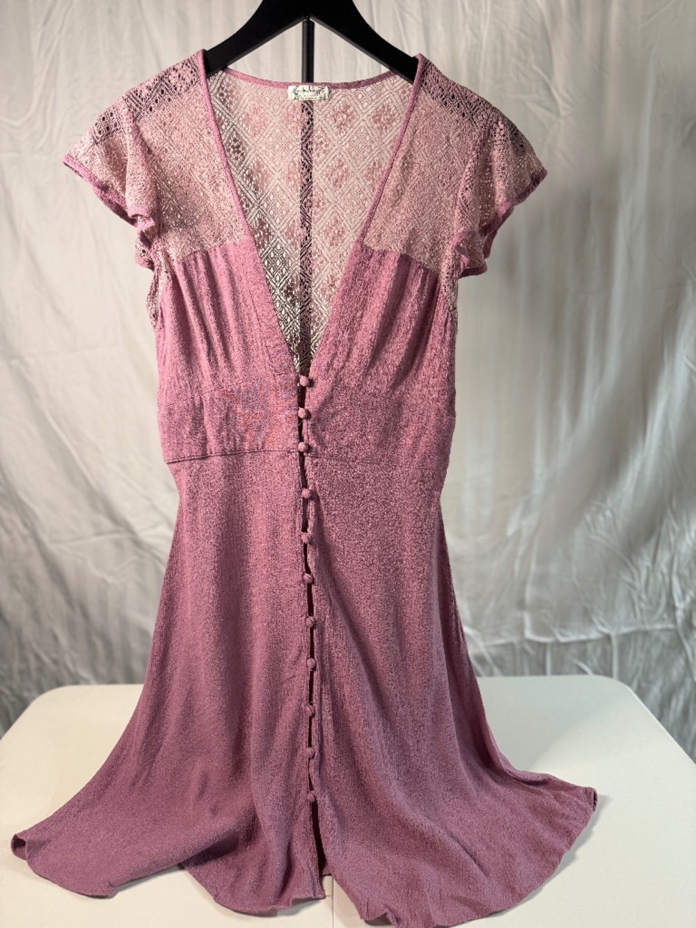 Free People Dusty Rose Lace Button Front Mini Dress XS Boho Cottagecore